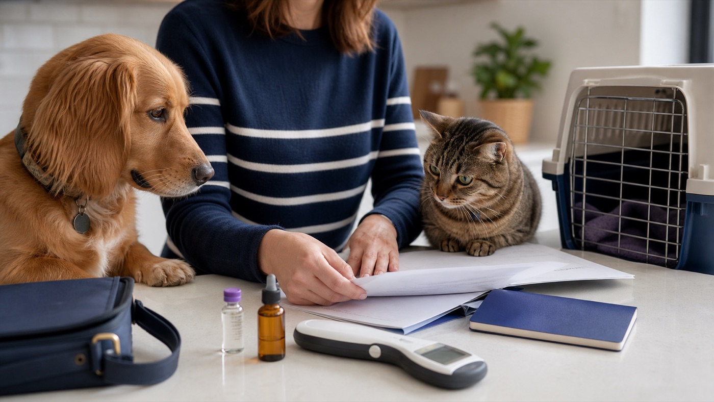 Dog and cat beside pet travel paperwork, a microchip scanner and a travel carrier.