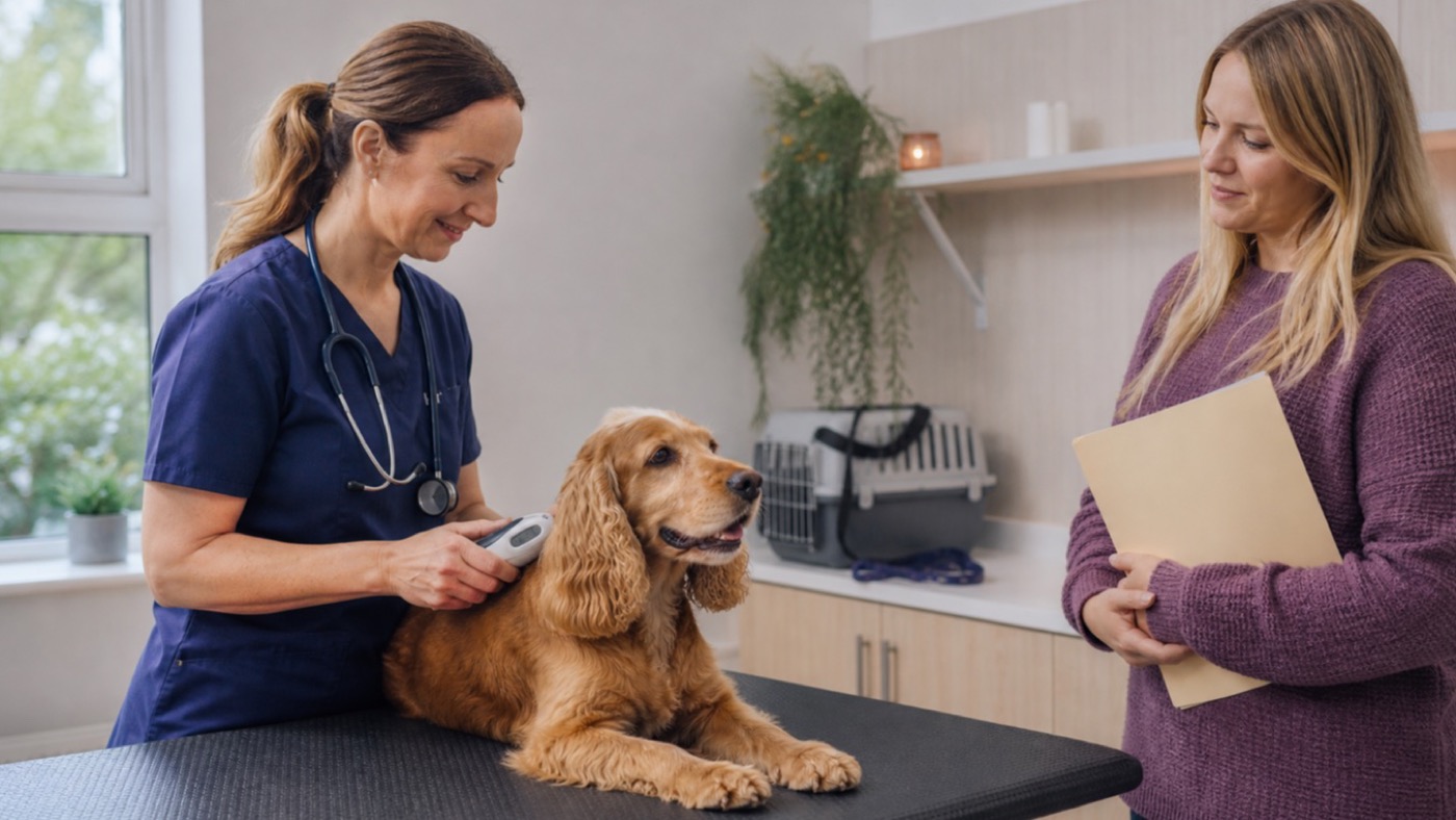 Veterinarian scanning a relaxed dog's microchip while the owner holds a folder of pet travel records.