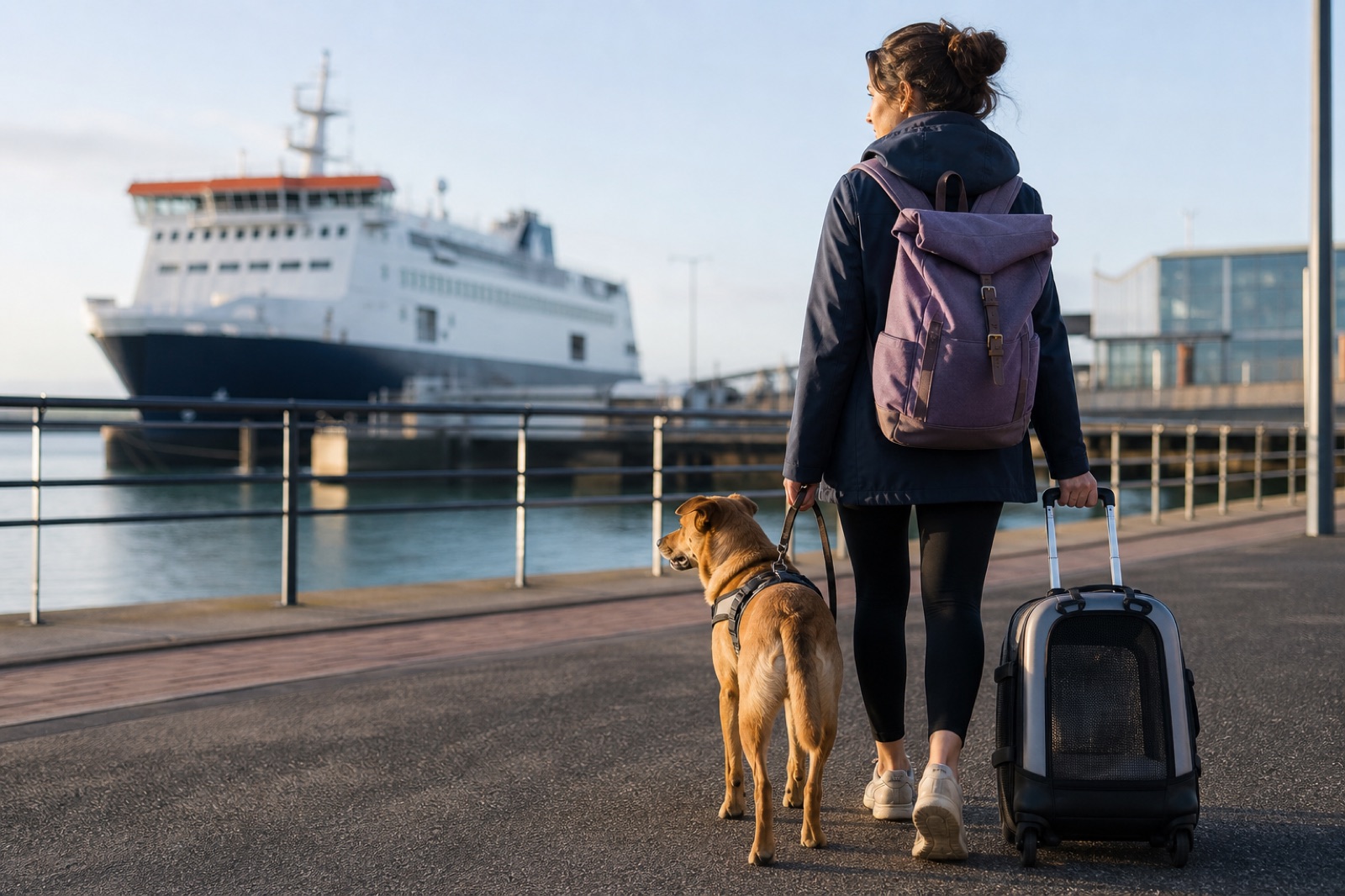 Traveller walking with a harnessed dog and wheeled pet carrier towards a passenger ferry terminal.
