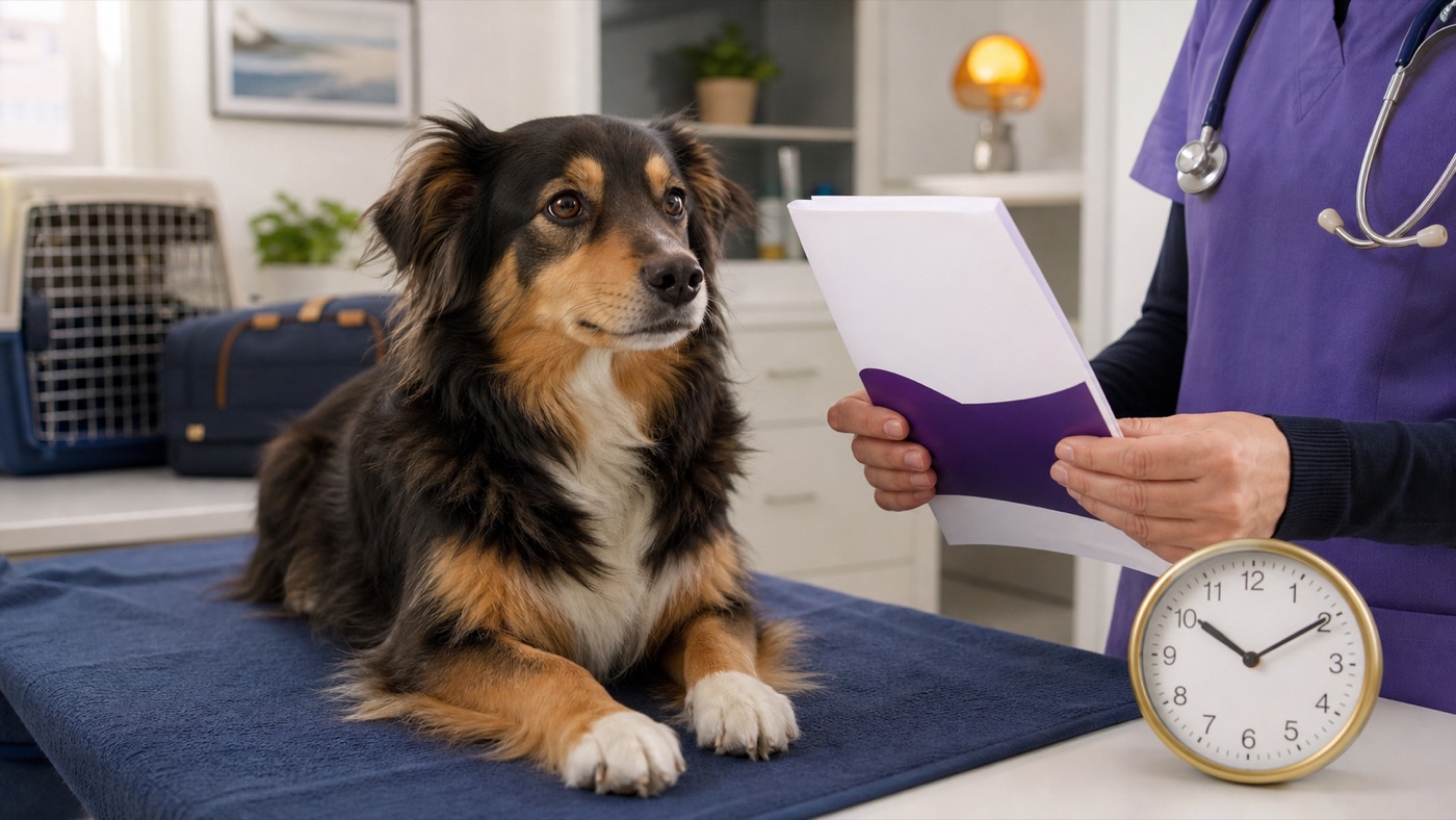 Dog at a veterinary appointment beside travel paperwork and a clock before returning to Great Britain.