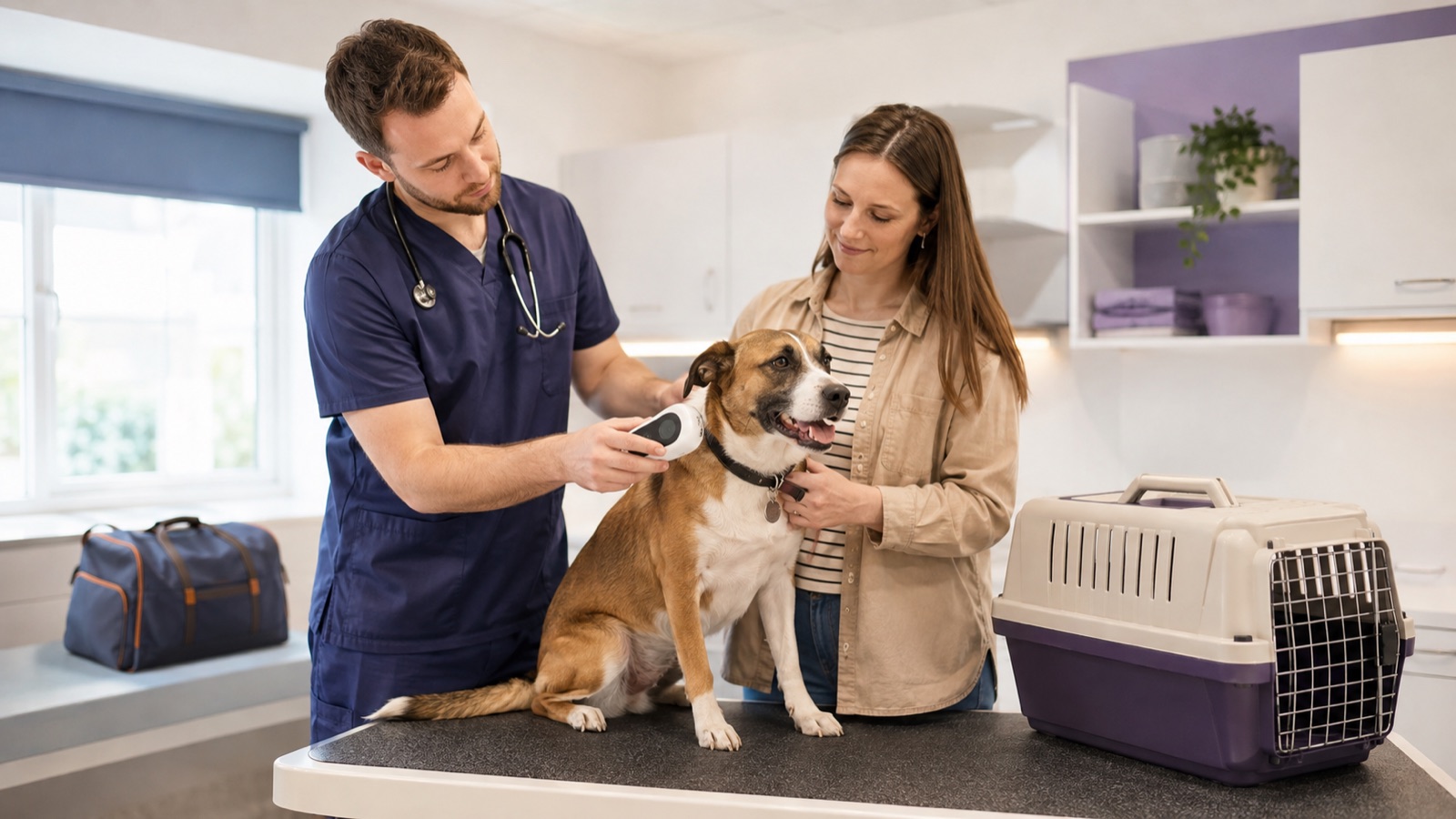 Vet scanning a dog's microchip while its owner stands beside it in a veterinary examination room.