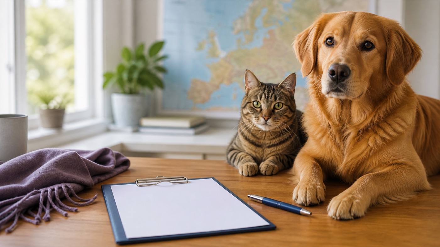 Dog and cat beside a blank petition clipboard and pet travel documents with a map of Europe in the background.