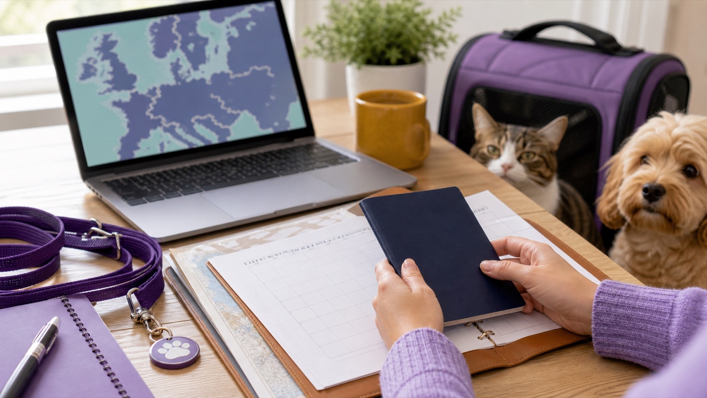 Pet travel documents and a navy passport-style booklet on a desk with a dog and cat nearby.