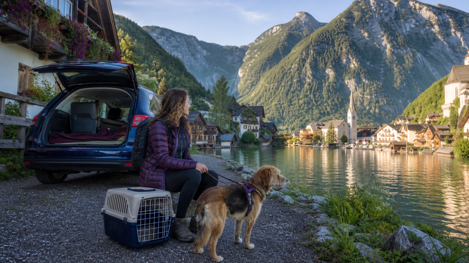 Traveller with a dog, cat carrier and parked car beside an Austrian Alpine lake and village.