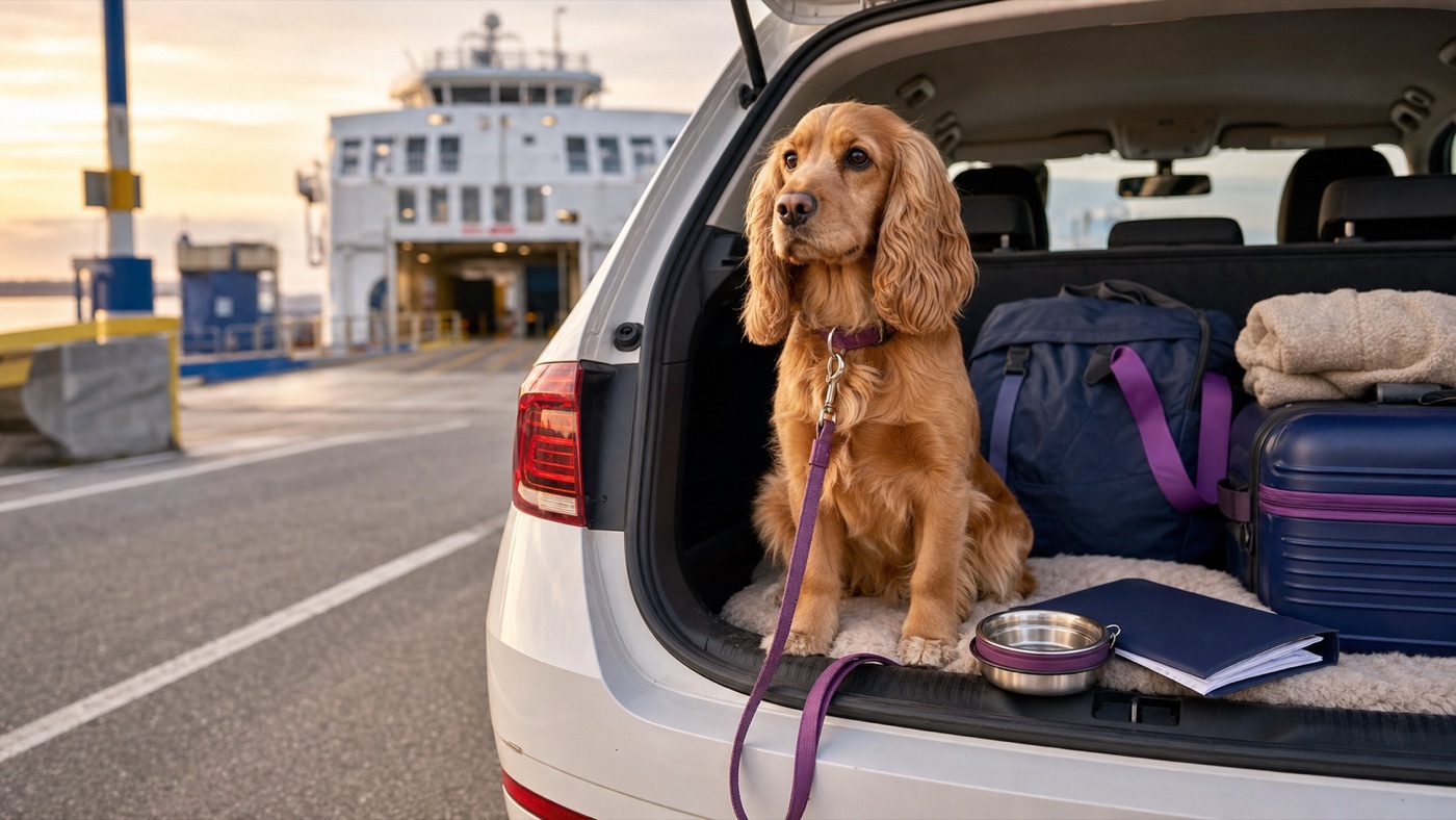 Dog sitting in the back of a packed car at a ferry port before travelling to France.